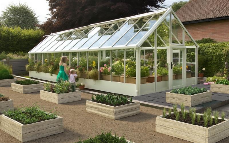 a greenhouse with plants and a couple of women in it